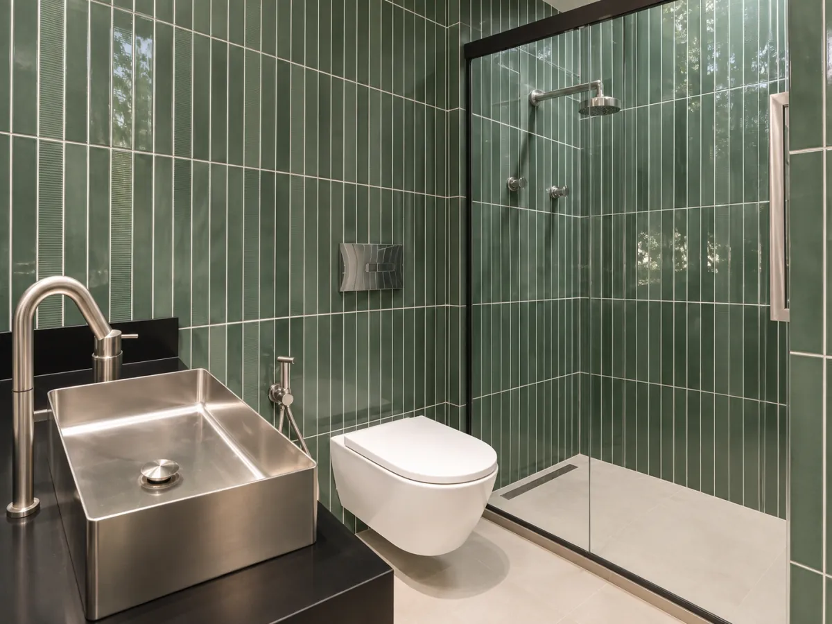 Luxury long stay Sao Paulo, bathroom with walk-in rain shower and green tiling