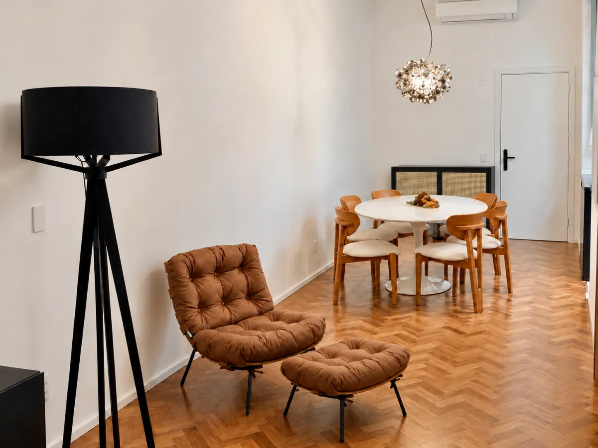 Luxury long stay Sao Paulo, dining area with marble table and herringbone parquet